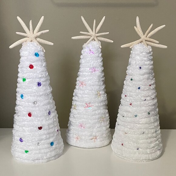Set of 3 Handmade White Christmas Trees-Starfish Christmas Trees - Picture 1 of 11